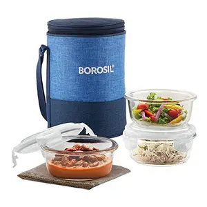 Borosil - Prime Glass Lunch Box 400 ml Round Microwave Safe Office Tiffin (Transparent) - Set of 3