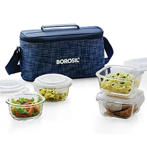 Borosil Indigo Glass Universal Lunch Box Set of 4 (2pcs 320 ml Sq. + 2pcs 240 ml Round) Microwave Safe Office Tiffin