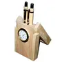 Brown Wooden Handicrafts Showpiece Pen Stand with Clock, 2 image