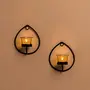 Set of 2 Decorative Black Drop Wall Sconce/Candle Holder with Yellow Glass and Free T-Light Candles
