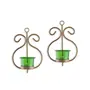 Set of 2 Decorative Golden Wall Sconce/Candle Holder with Green Glass and Free T-Light Candles, 2 image