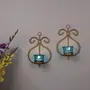Set of 2 Decorative Golden Wall Sconce/Candle Holder with Turquoise Glass and Free T-Light Candles