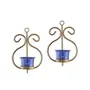 Set of 2 Decorative Golden Wall Sconce/Candle Holder with Blue Glass and Free T-Light Candles, 2 image