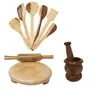 Wooden Ladle Set Of 6 + 1Chakla + 1Belan + Mortar & Petle Set