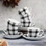 Clay Craft Fine Ceramic Cup and Saucer Set of 12 (6 Tea Cups + 6 Saucers) Checked Stripes for Birthdays Anniversaries Parties Mother Father Sister - Black & White