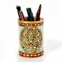 Little India Golden Meenakari Gem Studded Jali Marble Pen Stand (377 White), 2 image