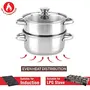 Pristine Stainless Steel Induction Base Tri Ply 2 Tier Multi Purpose Steamer / Modak Maker With Glass Lid 18Cm, 5 image