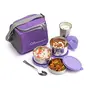 SOPL-OLIVEWARE SOPL-Oliveware Milano Lunch Box | 3 Stainless Steel Containers and Sipper | with Steel Spoon | School College & Office | Insulated Fabric Bag | Leak Proof | Full Meal & Easy to Carry (Purple), 5 image