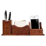 Wooden Desk Organizer| Pen Stand | Business Card Holder | Mobile Holder Stand with Brass Work Accessories