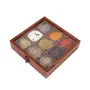 Creation India Craft Wooden Spice Box Set for Kitchen Table Top Masala Dabba 9 Section Partition Containers Jars Box Spoon 8x8x2 in Brown, 2 image