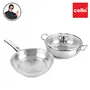 Cello Steelox Induction Compatible Stainless Steel Fry Pan & Kadai with Glass Lid 22 cm/2Ltrs (3 pcs Set), 2 image
