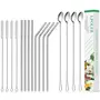 LPOLER 16 Pack Stainless Steel Straws Reusable Metal Straws Drinking for 20/30oz Tumblers Ultra Long 10.5 Inch And Long Handle Iced Cream Spoon Ice Tea Spoon 4 Straight+4 Bent+4 Spoons+4 Brushes