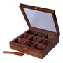 Wooden Spice Masala Box Dabba Jars with Spice Spoon for Kitchen | Square Powder Container Set with Glass Cover for Storage Tabletop |Sheesham Wood Brown (9 Jars)