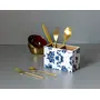 Sheesham Wood Iron Handles Decaling Enamel Print 2 Sections Cutlery Holder/Spoon Stand (Blue)