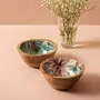 Serving Snacks Bowls wooden for dry fruits | printed decorative Wooden potpourri dessert bowls | Mango wood with Decaling print with clear Enamel Design| Green floral print 6 Inches diameter, 6 image