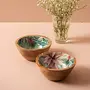 Wooden Bowl for Snacks Desserts Dry Fruits | Printed Decorative Potpourri Bowls | Mango Wood with Decaling Print with Clear Enamel | Green Floral Print 6 Inches Diameter Set of 2, 3 image
