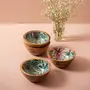 Wooden Bowl for Snacks Desserts Dry Fruits | Printed Decorative Potpourri Bowls | Mango Wood with Decaling Print with Clear Enamel | Green Floral Print 6 Inches Diameter Set of 2, 6 image