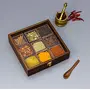 Wooden Spice Masala Box with Wooden Spice Spoon for Kitchen| Square Powder Container Set with Glass Cover for Storage Tabletop Brown (9 Jars), 2 image