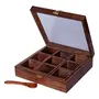 Wooden Spice Masala Box Dabba Jars with Wooden Spice Spoon for Kitchen | Square Powder Container Set with Glass Cover for Storage Tabletop |Sheesham Wood Brown (9 Jars), 4 image