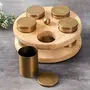 Spice Masala Box Dabba Jars for Kitchen | Round Powder Container Set lid for Storage Tabletop | Iron Brass Plating Finish & Mango Wood Gold (5 Jars), 4 image