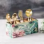 Cutlery Holder Spoon Stand for Dining Table | Wooden cutlery holder floral decaling enamel print multipurpose | Kitchen rack Caf restaurant bar tableware keeping spoons forks knives tissue papers salt pepper sauces storage Mango Wood Green 3 Sections, 4 image