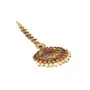 Priyaasi Red & Green Kemp Stone Maang Tikka for Women | Peacock Flower Design with Pearl Drop | Gold-Color| Jewellery for Bridesmaid & Bridal | Maangtikka for Wedding Traditional Events & Festiv| Brass Metal, 5 image