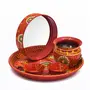 Festive Vibes Metal Decorated Golden Stone Lace Pooja Thali Set for Karwachauth/Stainless Steel Karwa chauth Puja thali Set for Vrat Poojan, 6 image