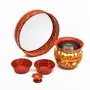 Festive Vibes Metal Pooja Thali Set for Karwachauth Decorated Golden Stone Lace/Stainless Steel Karwa chauth Puja thali Set for Vrat Poojan(Pack of 6 Item), 3 image