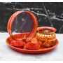 Festive Vibes Metal Pooja Thali Set for Karwachauth Decorated Golden Stone Lace/Stainless Steel Karwa chauth Puja thali Set for Vrat Poojan(Pack of 6 Item)