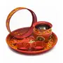 Festive Vibes Metal Pooja Thali 6 Piece Set for Karwachauth Decorated Golden Stone Lace/Stainless Steel Karwa chauth Puja thali Set for Vrat Poojan, 6 image