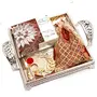 Ghasitaram Gifts Bhaidhooj Gifts- Silver Tray with Kaju Katli, Almonds and Mini Pooja Thali