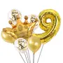 Gold 9 Digit Number foil Balloon with Crown Foil Confetti and Latex Balloon for Birthday Anniversary Balloon Set of 12