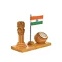 WOOD CRAFTS OF RAJASTHAN Wooden Handmade Carved Ashok stambha Pen Stand with Clock & Flag || Gift for Family & Friends Home Office Teachers Gift Thank You Gift House Warming New Year Promotion.