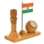 WOOD CRAFTS OF RAJASTHAN Wooden Handmade Carved Ashok stambha Pen Stand with Clock & Flag || Gift for Family & Friends Home Office Teachers Gift Thank You Gift House Warming New Year Promotion., 3 image