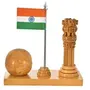 WOOD CRAFTS OF RAJASTHAN Wooden Handmade Carved Ashok stambha Pen Stand with Clock & Flag || Gift for Family & Friends Home Office Teachers Gift Thank You Gift House Warming New Year Promotion., 2 image