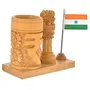 WOOD CRAFTS OF RAJASTHAN Wooden Handmade Carved Rupee Design Ashok stambha Pen Stand with Flag | Gift For Family & Friends Home Office Teachers Gift Thank You Gift House Warming New Year Promotion, 2 image