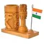 WOOD CRAFTS OF RAJASTHAN Wooden Handmade Carved Rupee Design Ashok stambha Pen Stand with Flag | Gift For Family & Friends Home Office Teachers Gift Thank You Gift House Warming New Year Promotion, 4 image