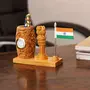 MEENAKARI ENAMEL PRODUCTS Nature Wooden Color Pen Stand with Table Clock Ashok Stambh & Flag for Child Desk Office Use and Gifts (14X6X11CM), 2 image