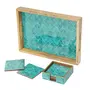 SAHARANPUR HANDICRAFTS Mango Wood Tray Multipurpose Tray with Enamel Coated Set of 6 Coasters with case in MDF | Serving Tray for Home & Dining Table | Wooden Tray (Mangowood Tray14x10+Coaster: TealDrops), 3 image