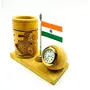 CHURU SANDALWOOD CARVED INDICAST Pen Stand with National Flag and Analog Watch Brown for Office Desk Decorative (Rupee Design), 2 image
