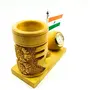 CHURU SANDALWOOD CARVED INDICAST Pen Stand with National Flag and Analog Watch Brown for Office Desk Decorative (Rupee Design), 4 image