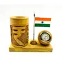 CHURU SANDALWOOD CARVED INDICAST Pen Stand with National Flag and Analog Watch Brown for Office Desk Decorative (Rupee Design), 3 image