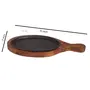 SAHARANPUR HANDICRAFTS Bat Shape Cast Iron Sizzler Plate with Wooden Stand/Oval Sizzler Platter with Handle Brown Size 15 x 7 inch 1 Pcs, 3 image
