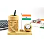 CHURU SANDALWOOD CARVED INDICAST Pen Stand with National Flag and Analog Watch Brown for Office Desk Decorative (Rupee Design)