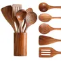 SAHARANPUR HANDICRAFTS Utensil Set for Cooking Wooden Cooking Spoons and Spatulas Set of 5 (Plus Holder), 2 image