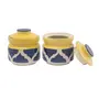 KHURJA POTTERY Hand Painted Blue & Yellow Ceramic/Stoneware Multipurpose Jar (Pickle//Ghee/Chatni/Sauces) 300ml Set of 2