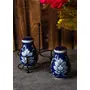KHURJA POTTERY Ceramic Handpainted Salt & Pepper Dispenser Set with Iron Stand (Blue)