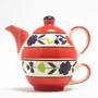 KHURJA POTTERY Microwave Safe Hand Painted Ceramic Single Tea Pot Kettle Set 400 ml Red & Blue Bail Design, 3 image