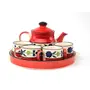 KHURJA POTTERY Handpainted Tea Kettle Set with 4 Cups & Tray Red & Blue Kettle 575 ml with 120ml tea cups (Ceramic), 3 image
