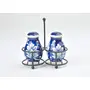 KHURJA POTTERY Ceramic Handpainted Salt & Pepper Dispenser Set with Iron Stand (Blue), 3 image